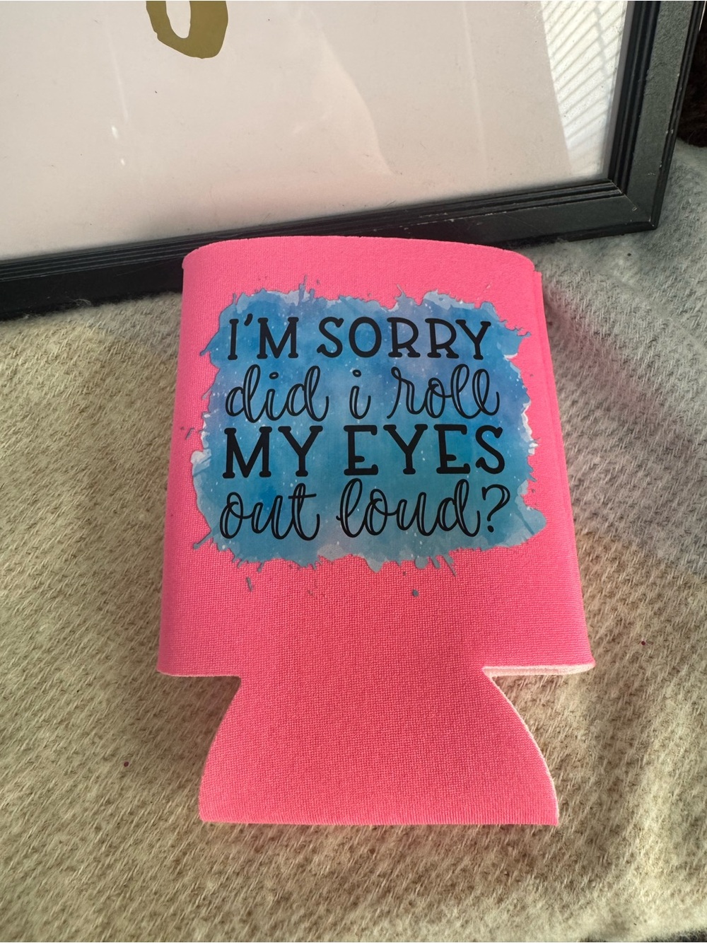 Hot Pink Can Cooler with Blue Graphic Text